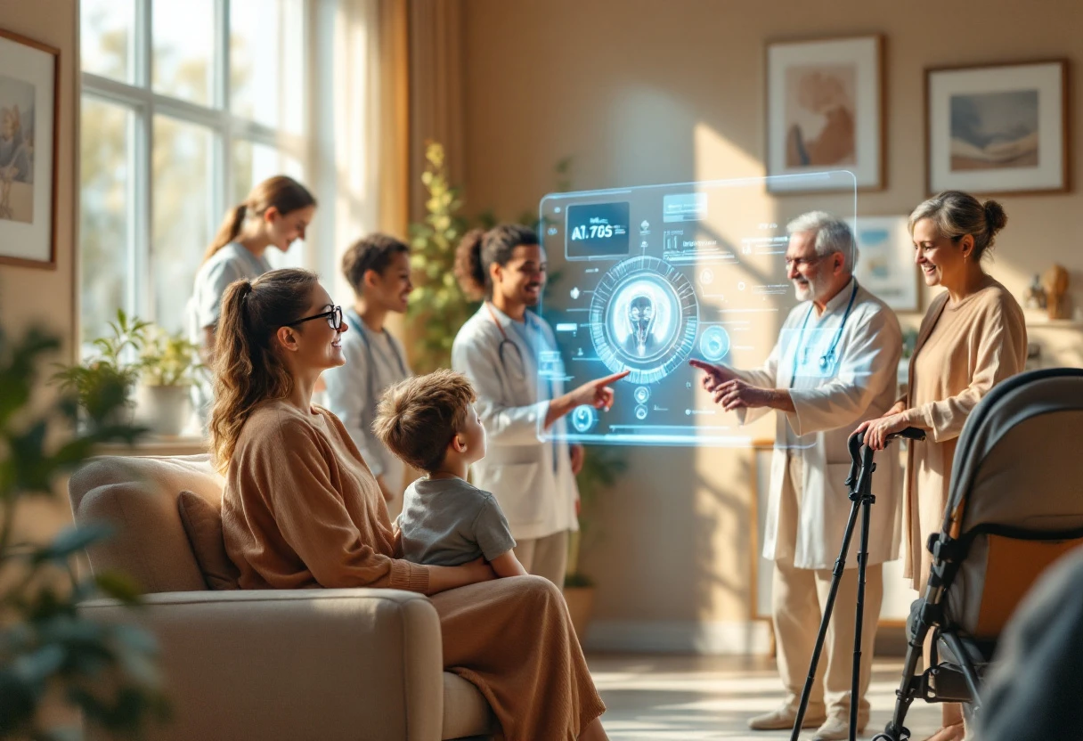 A warm, inviting office atmosphere showcasing a diverse group of patients interacting with an AI system on a touchscreen, illustrating the blend of technology and personal care.