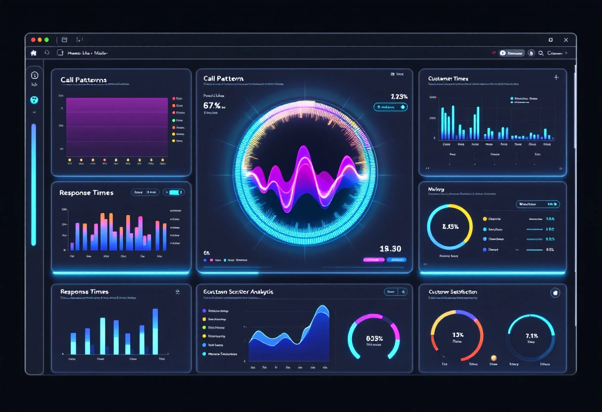 Smart analytics dashboard displaying call patterns, response times, and customer engagement metrics related to AI Front Desk solutions