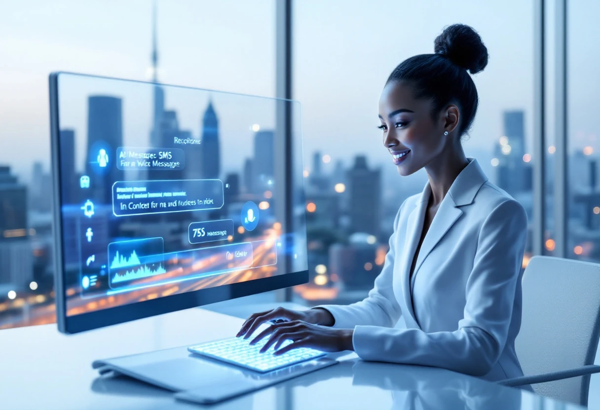 Visual representation of an AI receptionist handling customer inquiries via SMS and voice messages, illustrating a seamless communication experience.