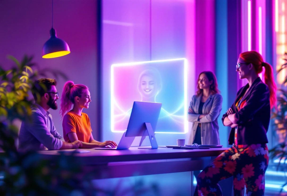 A vibrant office scene showing an AI receptionist interface on a computer screen, with various team members collaborating around it.