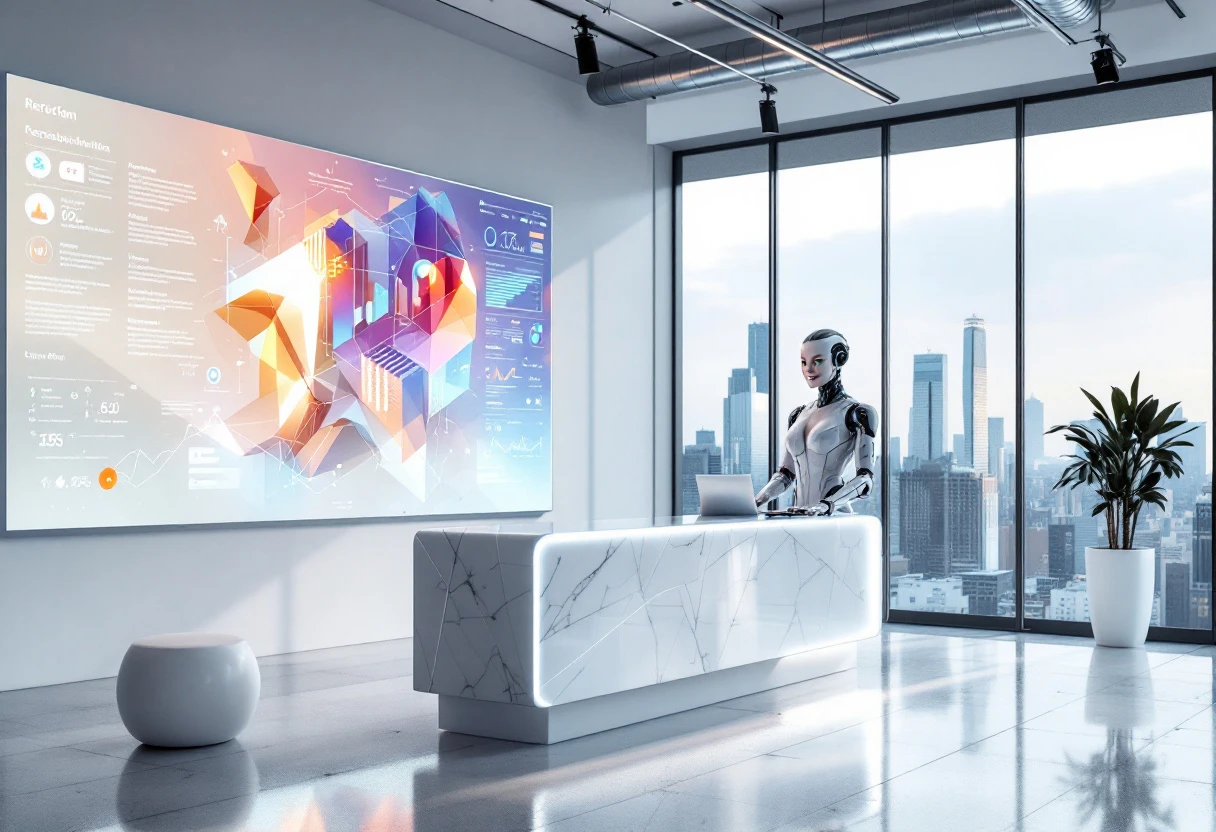 An image of a modern office setting featuring a digital interface where an AI receptionist is managing appointments, analyzing data, and communicating with clients, showcasing the seamless integration of AI in customer service.
