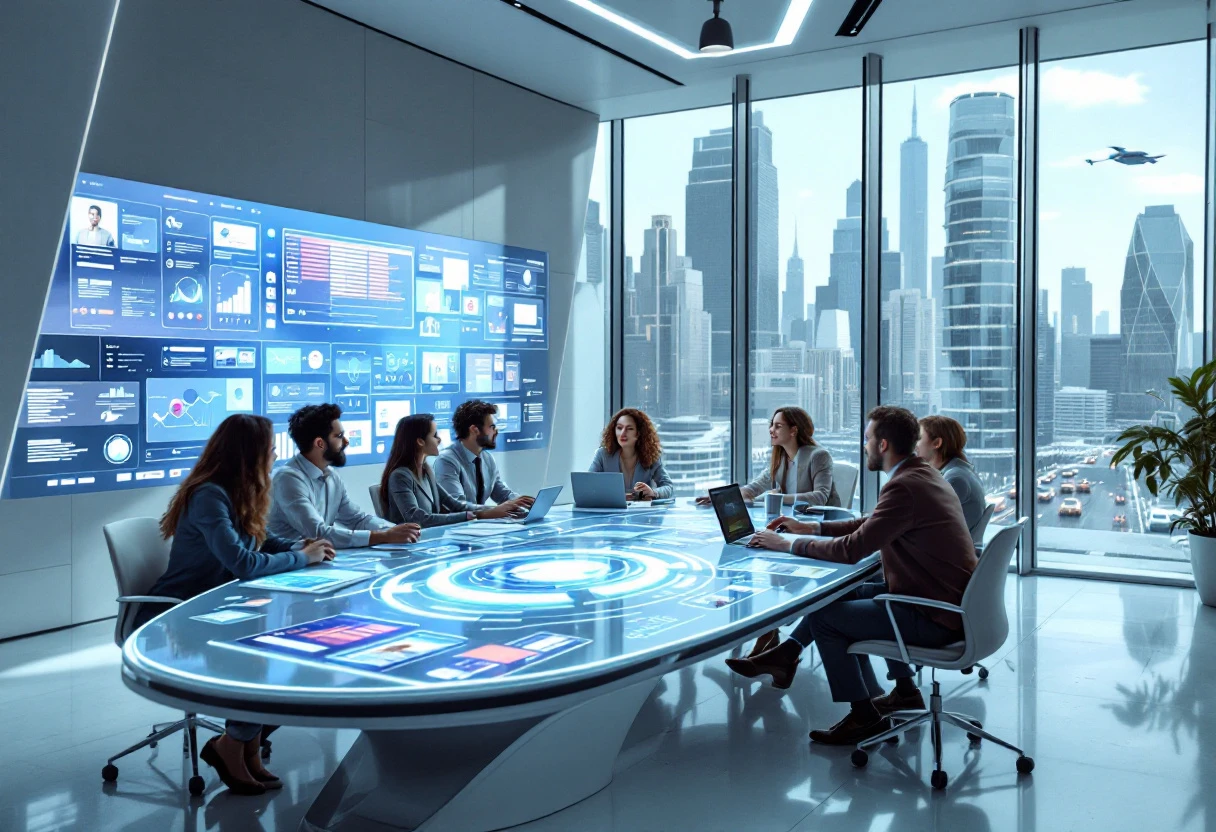 A modern office environment with an AI desktop interface showcasing customer interactions, symbolizing seamless communication.