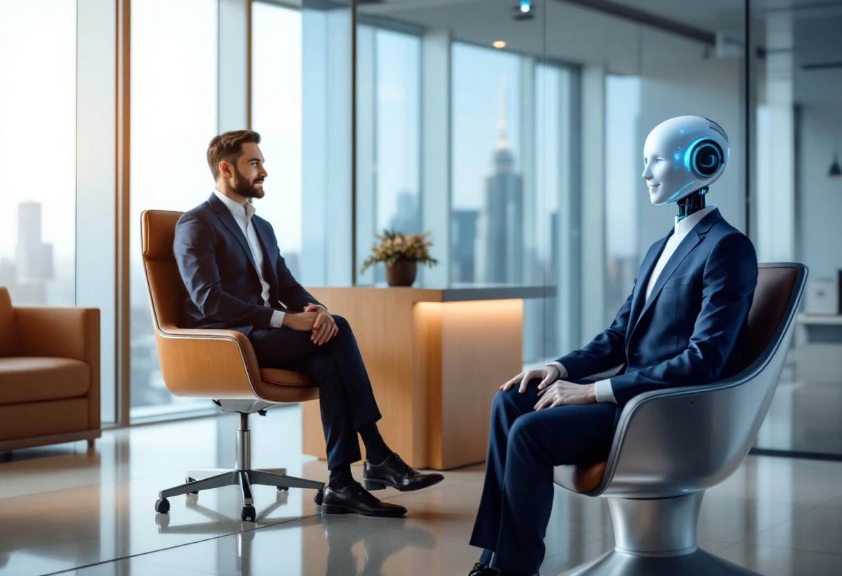 A modern office environment showing a business professional engaging with an AI receptionist on a digital interface, symbolizing the seamless integration of technology in client interactions.