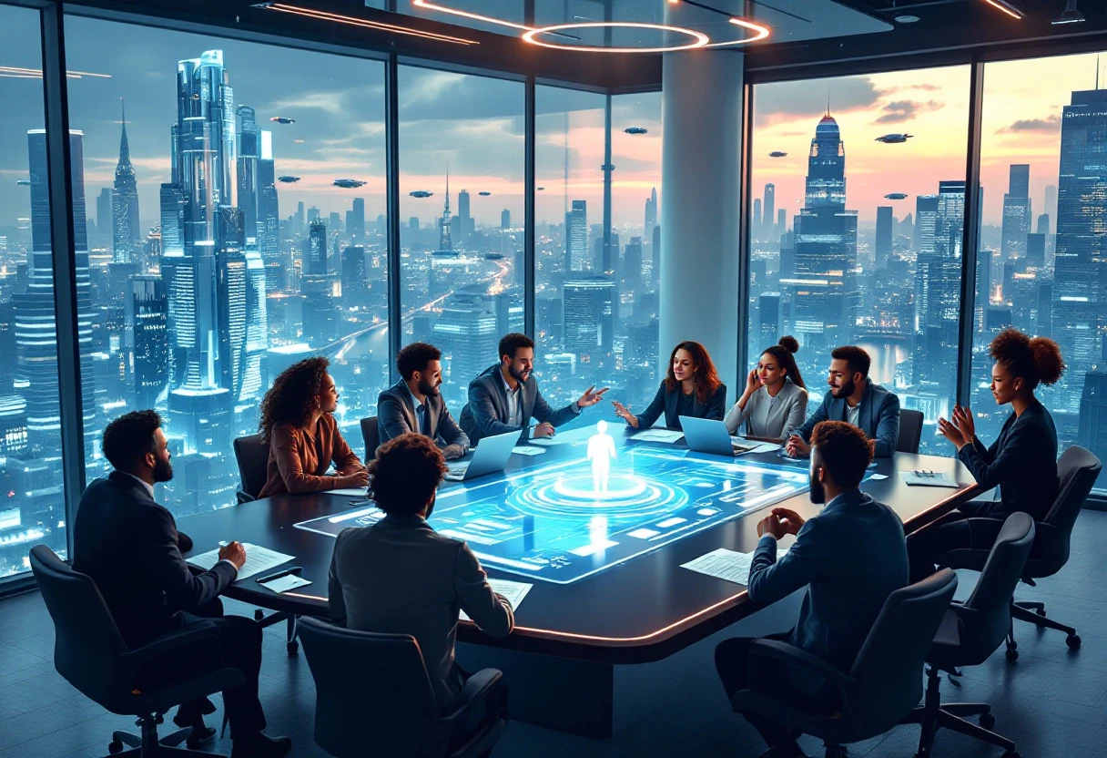 A dynamic image showing a diverse team collaborating over advanced technology, with a visual representation of an AI receptionist interface in the background.