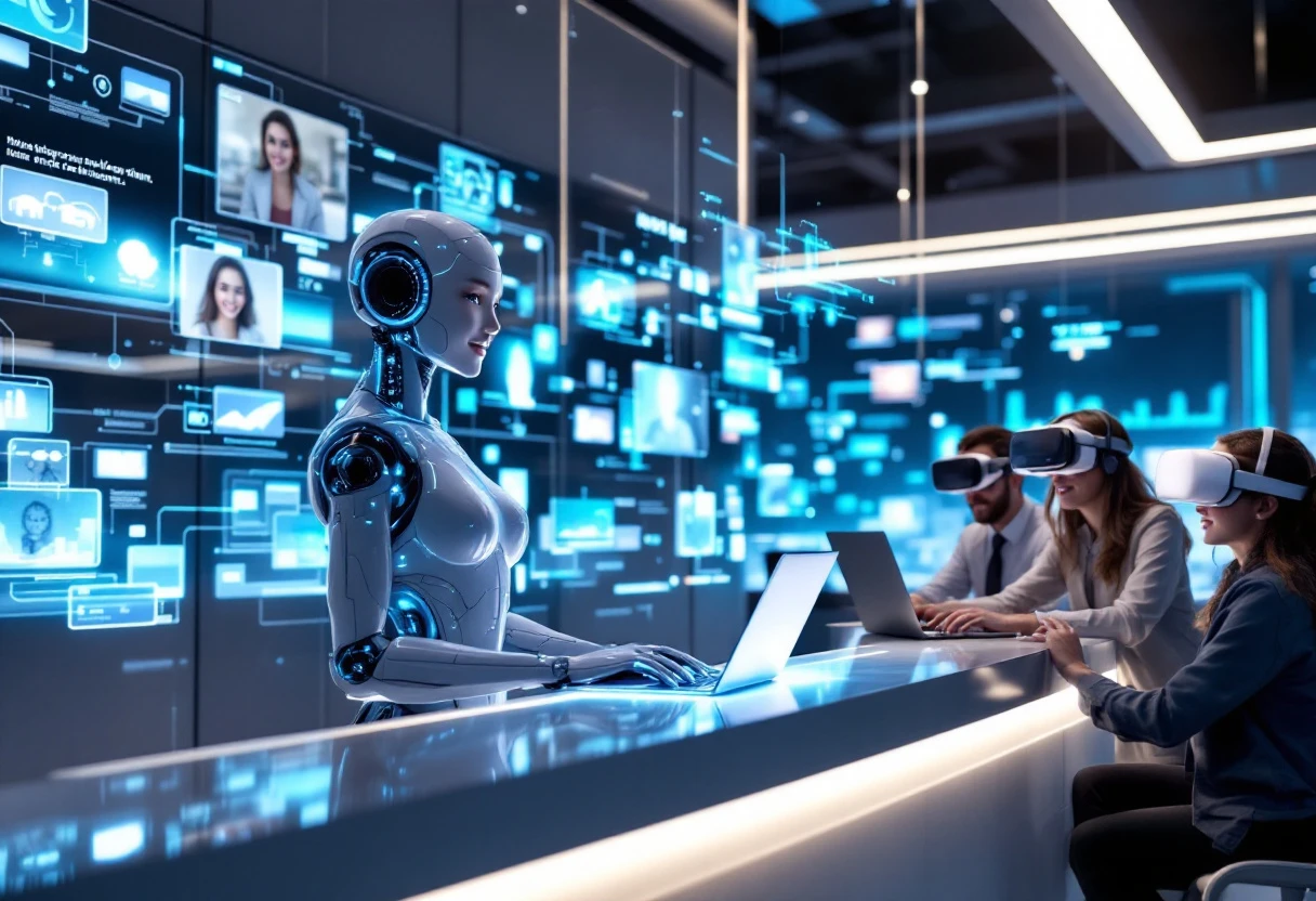 An AI receptionist engaging with multiple customers across various platforms, showcasing a modern, tech-savvy environment