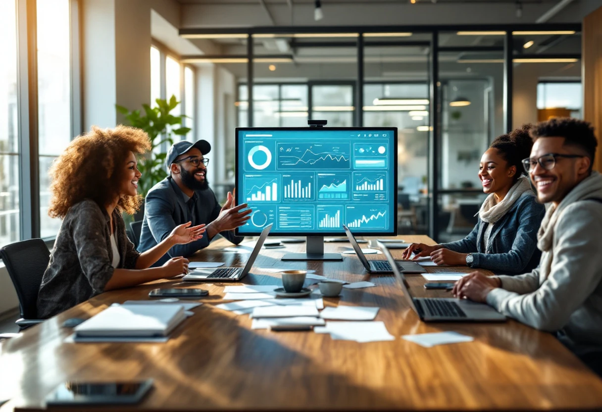 Image showing a diverse sales team engaged in a brainstorming session, with a digital screen displaying automated lead management metrics.
