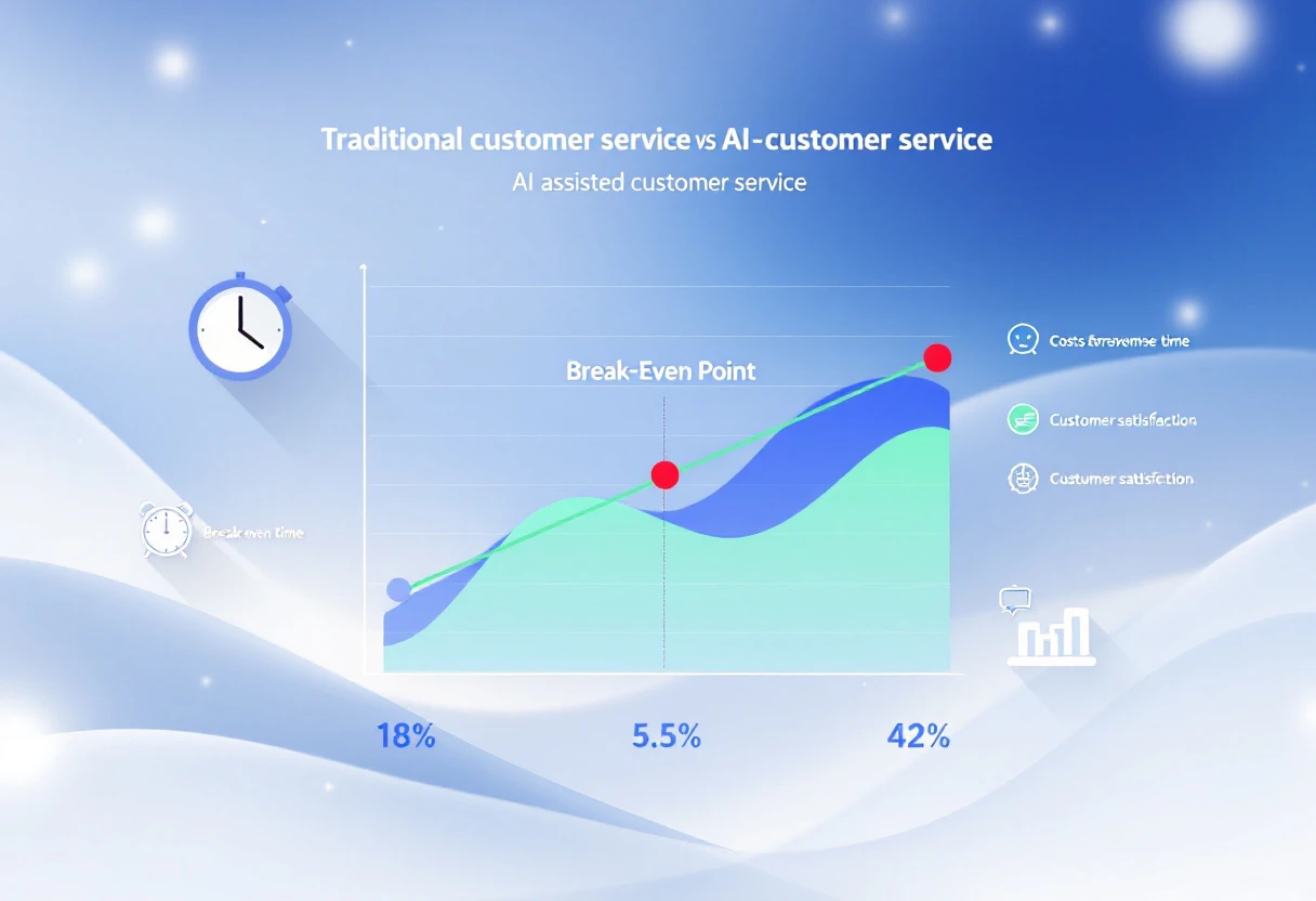 A visually appealing infographic showing a comparison of break-even points for traditional vs AI-assisted customer service