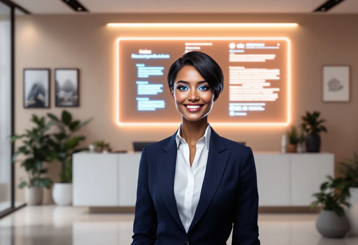 A vibrant reception area showcasing a modern workspace with a digital interface demonstrating an AI receptionist in action.