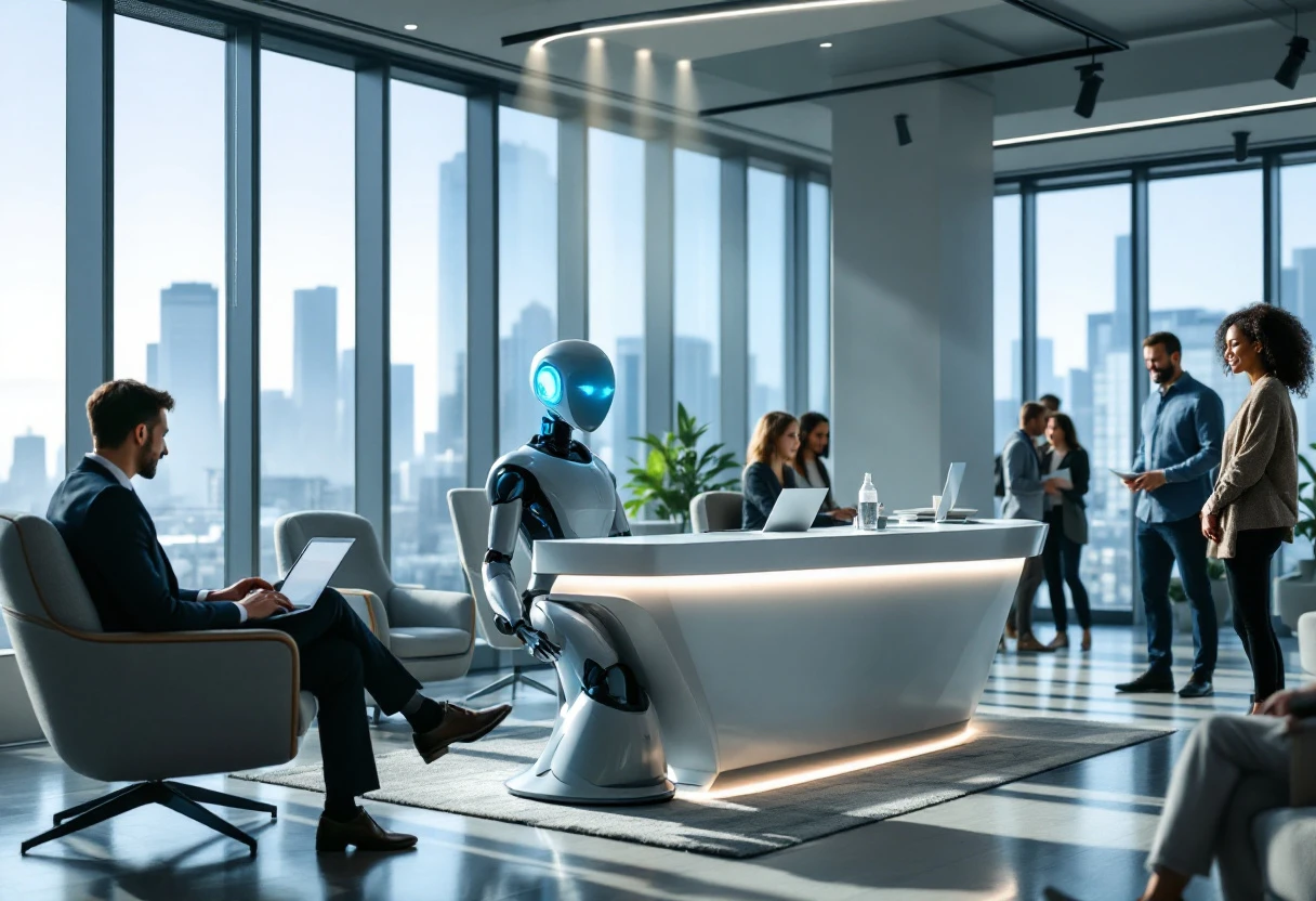 An engaging scene depicting a busy office environment where a digital AI receptionist assists clients seamlessly, showcasing the blend of technology and human interaction.