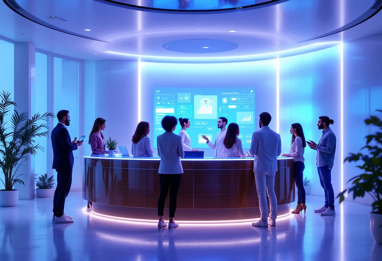 An engaging visual showing a modern office space with an AI receptionist interacting with customers, showcasing the integration of technology in business.