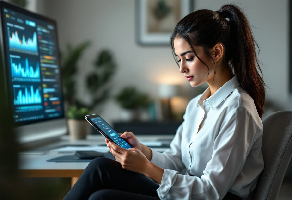 An illustration showing a person using an AI receptionist system on a tablet while analyzing pricing strategy charts.