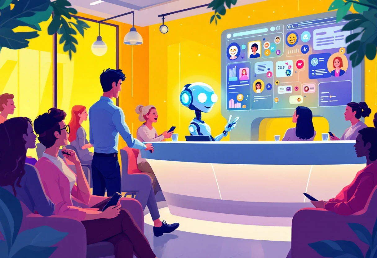 An engaging illustration of a vibrant customer interaction through an AI receptionist, showcasing happy customers receiving instant responses.