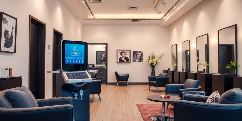 Modern salon reception with AI device and stylish decor.