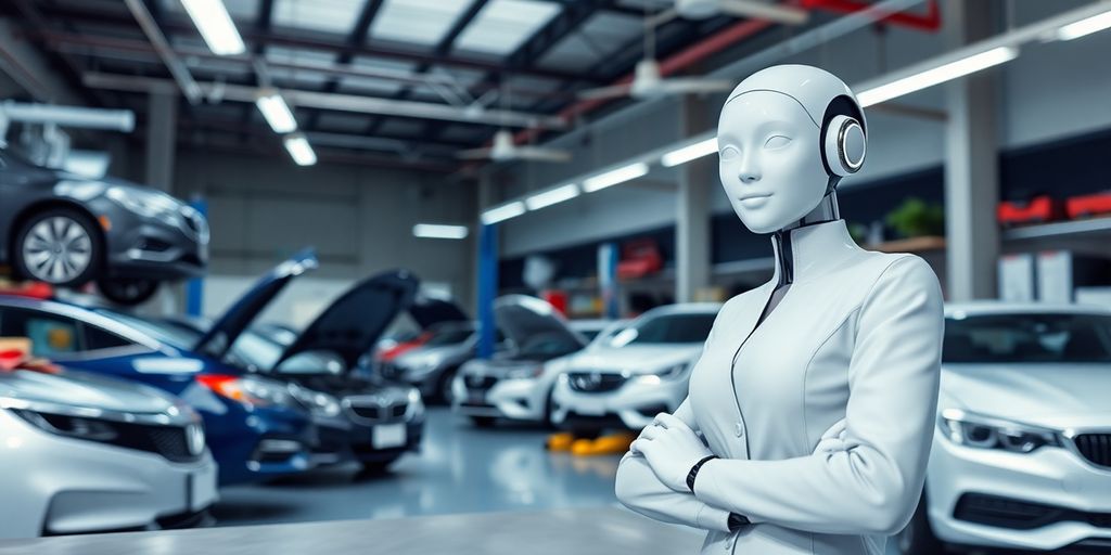 AI receptionist in busy auto repair shop environment.