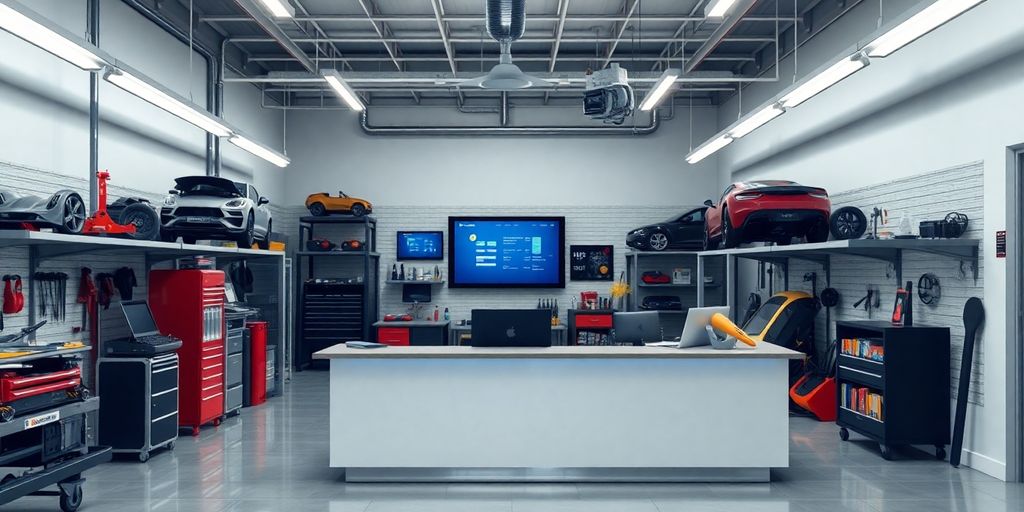 AI receptionist in a modern auto repair shop setting.