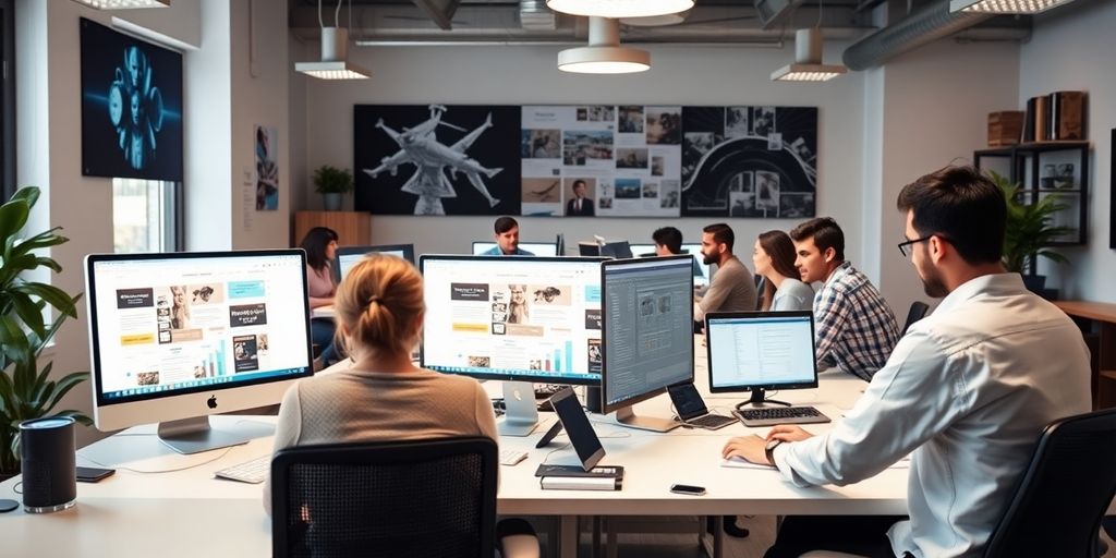 Web design agency workspace with modern computers and teamwork.