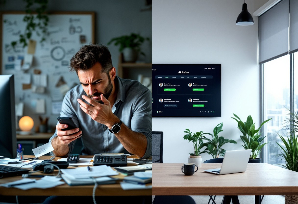 Split screen image showing a stressed business owner managing multiple phone calls on one side, and a calm office environment with AI handling calls on the other, emphasizing the before/after transformation