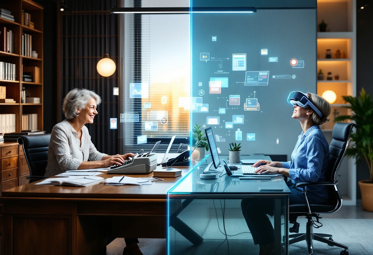 A split-screen visual showing a traditional receptionist desk transformed into a modern, digital workspace with holographic displays and AI interface elements, emphasizing the evolution of business communication