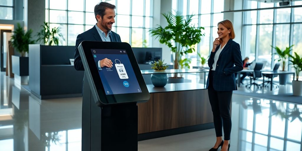 Visitor scanning badge at modern lobby kiosk with receptionist nearby