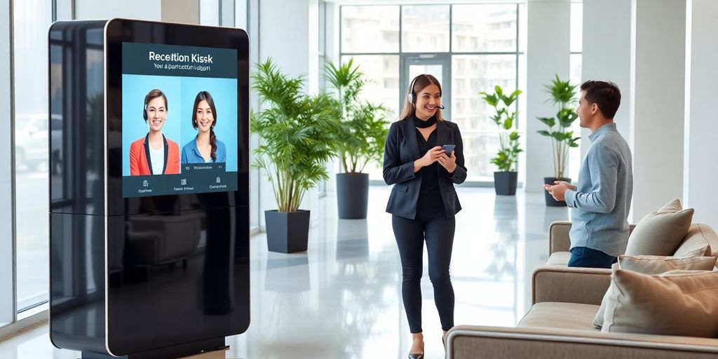 Woman with headset by digital kiosk greeting tenant holding smartphone