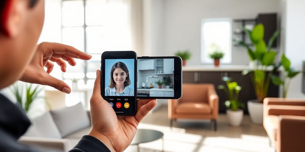Tenant holding smartphone showing receptionist video call in modern apartment.