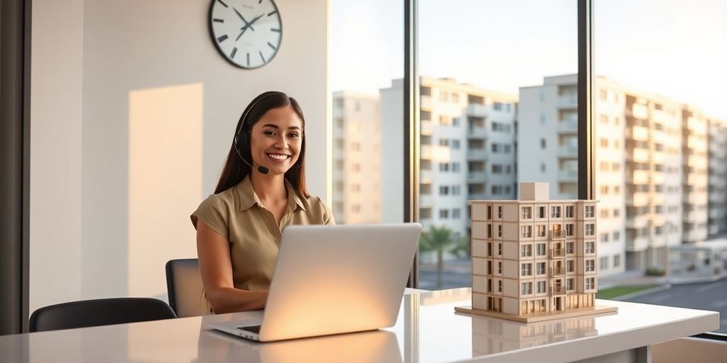 Modern receptionist at leasing desk with headset and apartment building