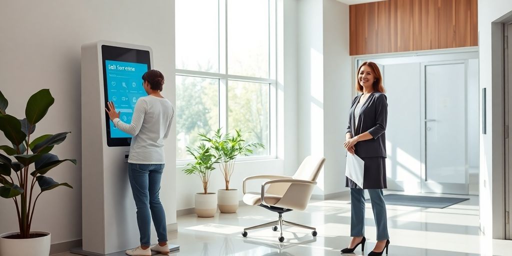 Patient at modern self-service kiosk with receptionist in office lobby.