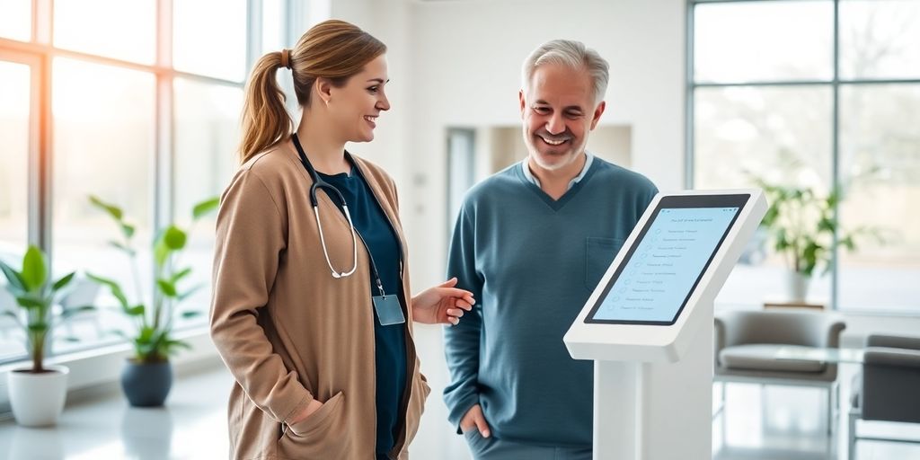 Nurse guiding patient at a white touchscreen kiosk in lobby