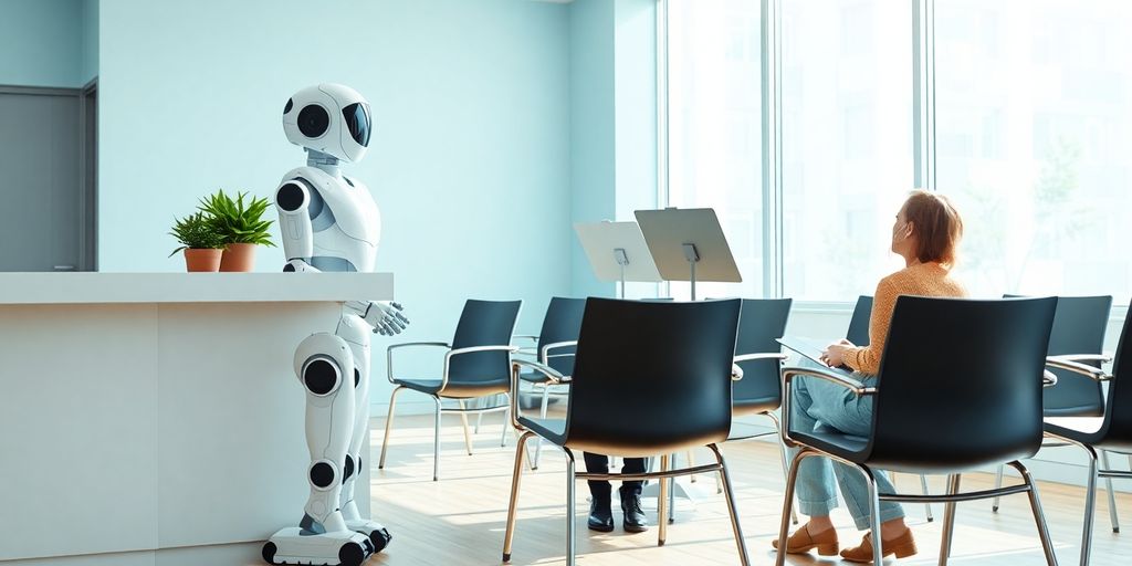 Humanoid robot receptionist greets patient in bright clinic lobby area.