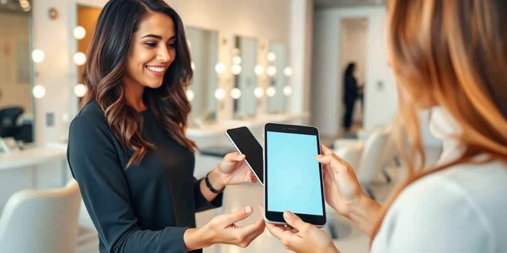 Stylist scanning client's phone at salon reception desk with tablet