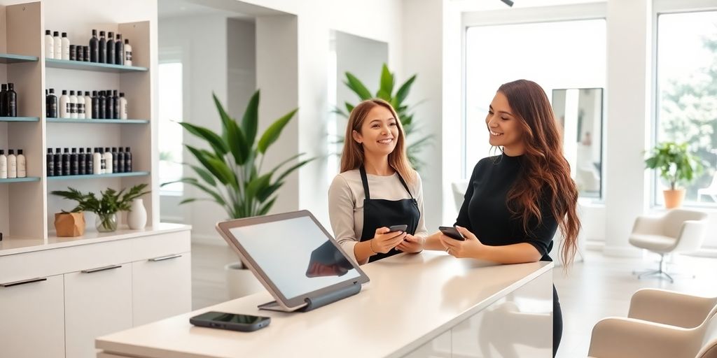 Receptionist assists customer at salon desk with modern tablet device