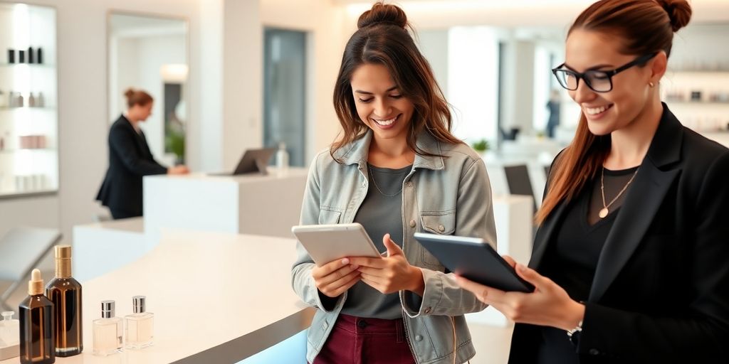 Client tapping smartphone at salon reception with friendly smiling receptionist