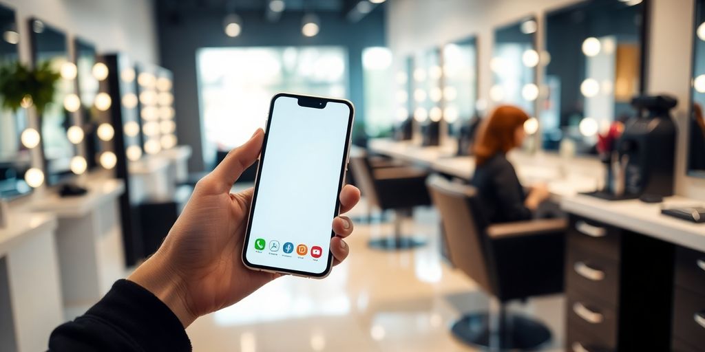 Hairstylist holding smartphone with salon tools and client in background.