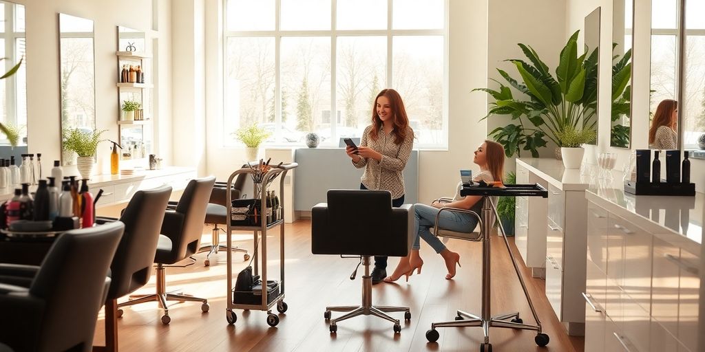 Salon interior with stylist holding smartphone and seated client smiling