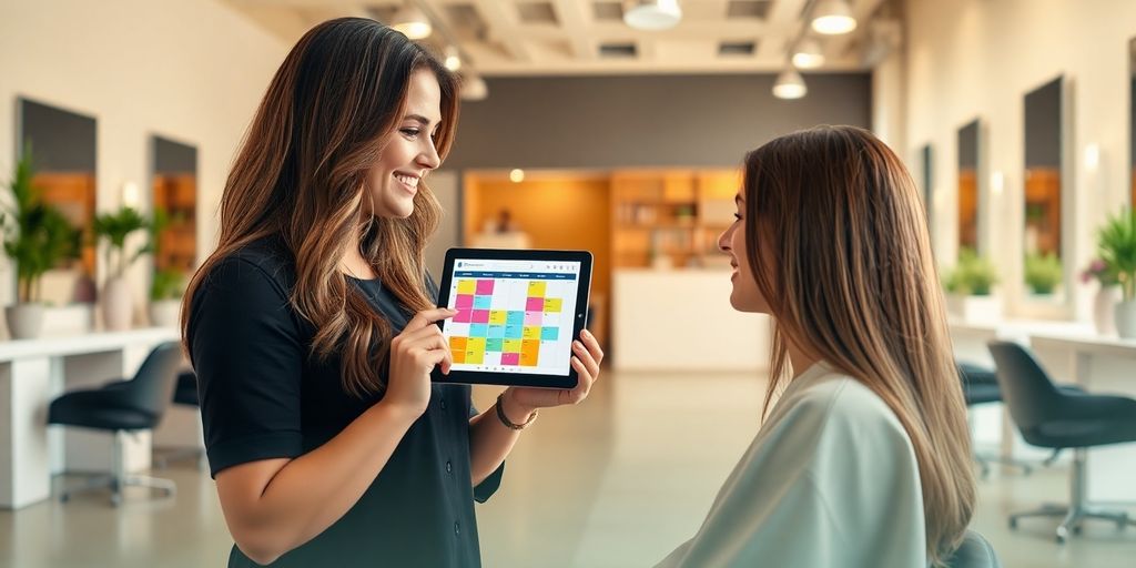 Hairstylist in bright salon holds tablet with colorful appointment blocks