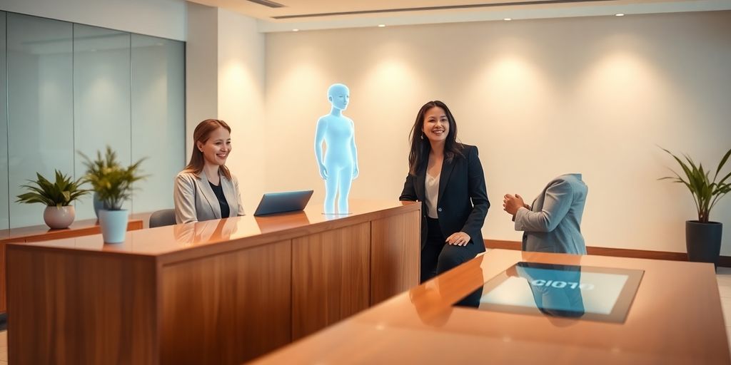 Smiling receptionist with holographic assistant in modern law office lobby