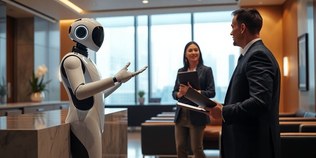 Humanoid AI receptionist assisting client in modern law firm lobby.