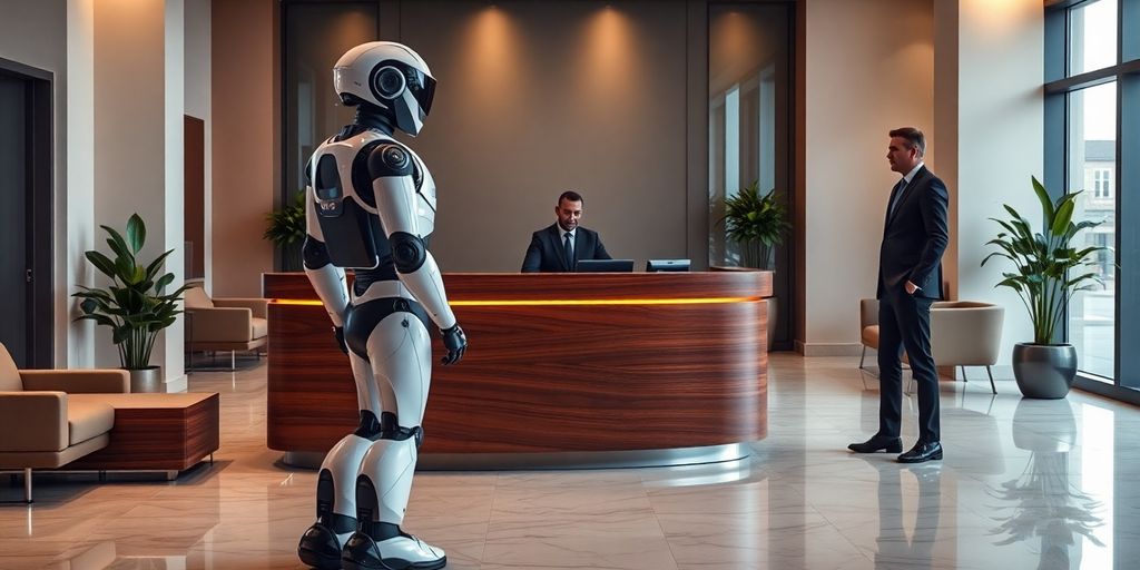 Humanoid robot receptionist and attorney interacting at law office lobby