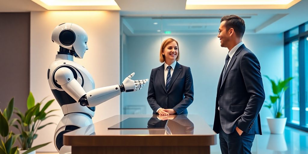 Humanoid AI receptionist robot greets client at modern office desk