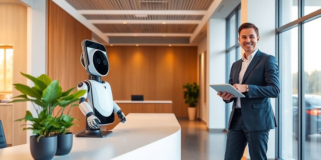 Robot receptionist and smiling professional in modern office reception area