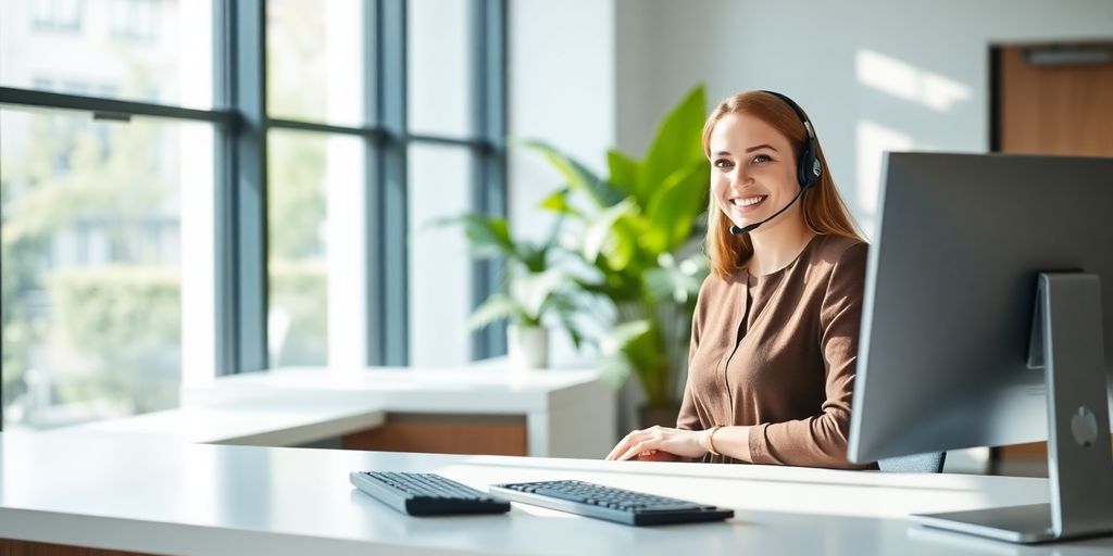 Receptionist wearing headset at desk in bright modern office space