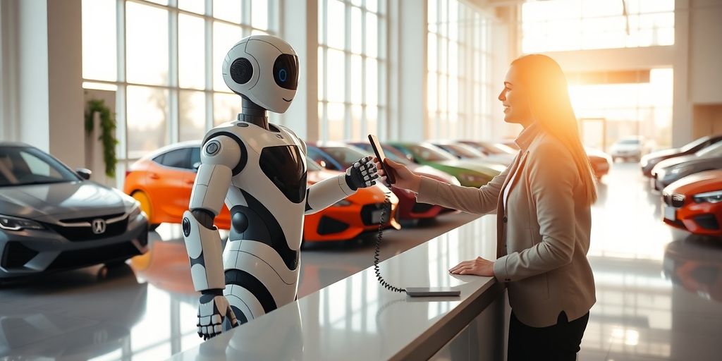 Humanoid robot receptionist greets customer at bright car showroom entrance