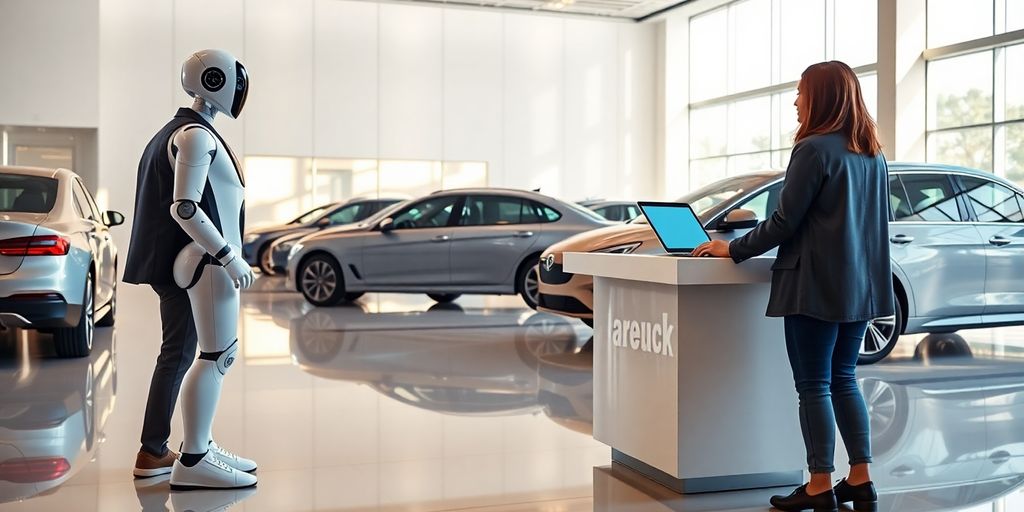 Humanoid robot receptionist standing at modern car dealership showroom desk