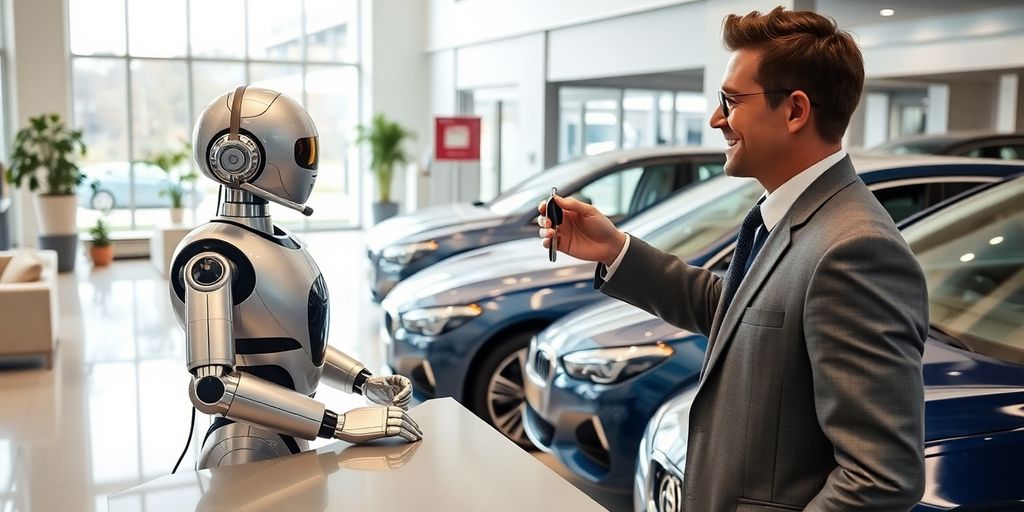 Humanoid robot receptionist helping smiling customer inside shiny car showroom