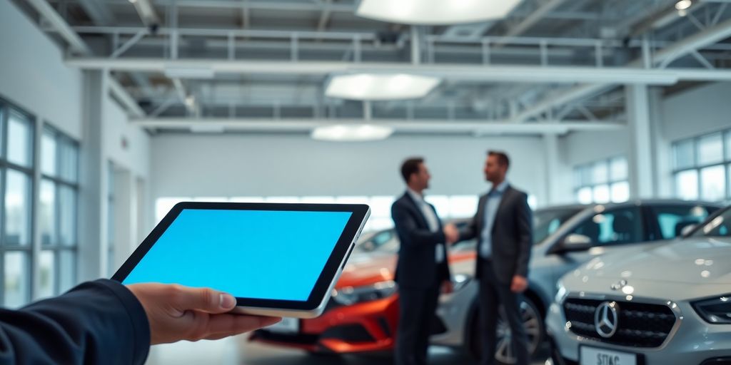 Hand holding tablet in car showroom, two professionals shaking hands.