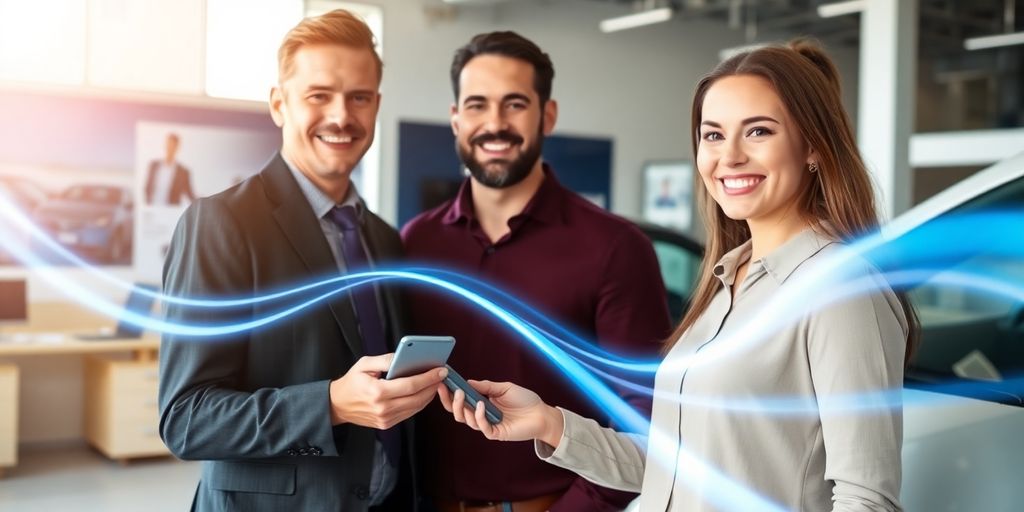 Salesperson and customer in showroom with smartphone and light trails.