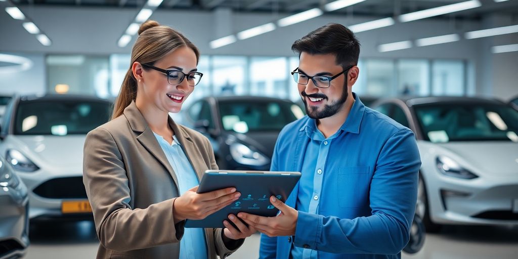 Salesperson and customer in futuristic showroom using holographic tablet interface