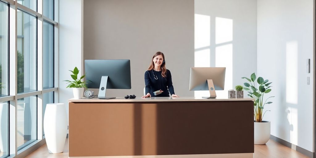 Friendly receptionist wearing headset assisting patient via computer video call.