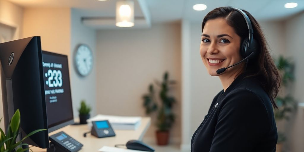 Receptionist with headset at desk, computer and lit evening clock