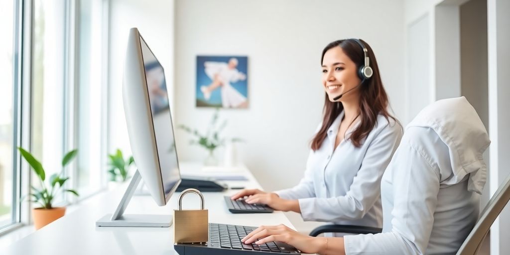 Clinic receptionist with headset, patient, computer screen, padlock on desk
